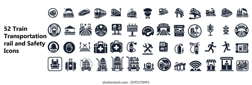 52 Collection of train and Transportation and Safety Icons in Black and White.