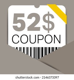 52$ Coupon promotion sale for a website, internet ads, social media gift 52 Dollar off discount voucher. Big sale and super sale coupon discount. Price Tag Mega Coupon discount vector illustration.