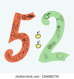 The 5-2 diet hand drawn vector illustrations in doodle style. The diet of two days fasting, five days normal eating.