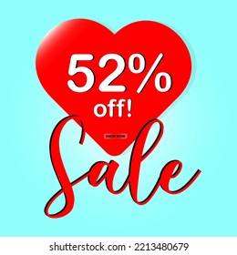 52% discount sale banner. red heart on a light blue background. Poster or banner with love heart.