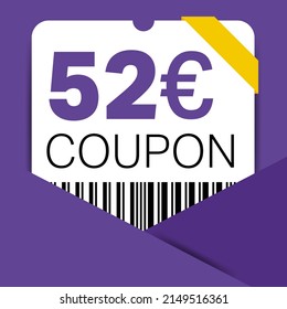 52 Euro Coupon promotion sale for a website, internet ads, social media gift 52 off discount voucher. Big sale and super sale coupon discount. Price Tag Mega Coupon discount with vector illustration.