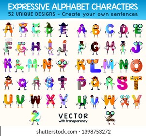 52 expressive alphabet characters, great for education purpose. You can create your own sentences with the letter characters. Vector illustration.