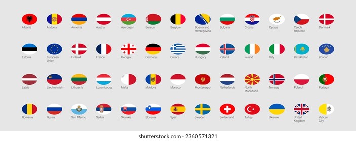 52 flags of European countries in ellipse shape. Europe flag icon set. Flat element design. Vector isolated illustration