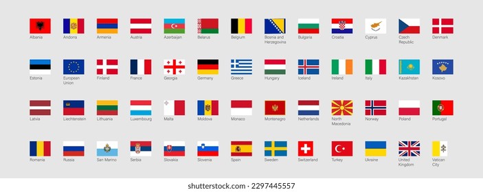 52 flags of European countries. Europe flag icon set. Flat element design. Vector isolated illustration