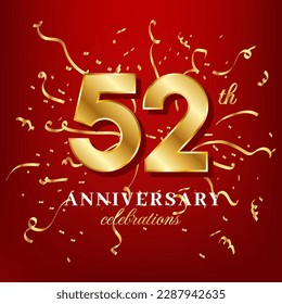 52 golden numbers and anniversary celebrating text with golden confetti spread on a red background