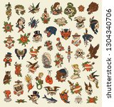 52 Hand drawn old school tattoo isolated icon vector image set