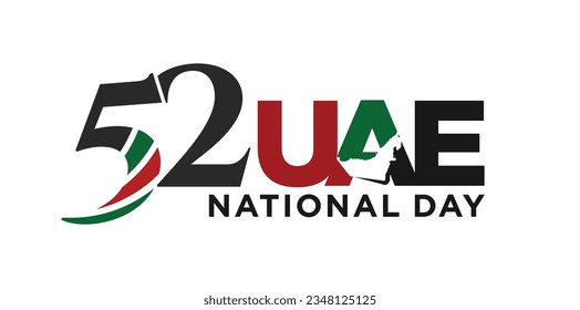 52 National Day of United Arab Emirates. Text Arabic Translation: Our National Day. December 2. UAE map symbol. Vector Logo. Eps 08. 