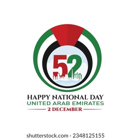 52 National Day of United Arab Emirates. Text Arabic Translation: Our National Day. December 2. UAE map symbol. Vector Logo. Eps 08. 