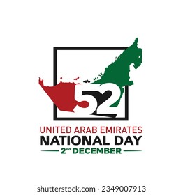 52 National Day of United Arab Emirates. Text Arabic Translation: Our National Day. December 2. UAE map symbol. Vector Logo. Eps 08. 