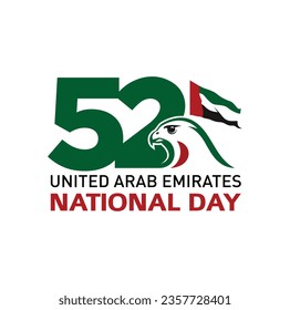 52 National Day of United Arab Emirates. Text Arabic Translation: Our National Day. December 2. UAE map symbol. Vector Logo. Eps 08. 