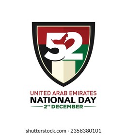 52 National Day of United Arab Emirates. Text Arabic Translation: Our National Day. December 2. UAE map symbol. Vector Logo. Eps 08. 