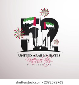 52 National Day of United Arab Emirates, silhouette of the city of Dubai with the UAE flag on the background of numbers 52. vector illustration of happy national day UAE, December 2, 1971