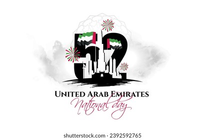 52 National Day of United Arab Emirates, silhouette of the city of Dubai with the UAE flag on the background of numbers 52. vector illustration of happy national day UAE, December 2, 1971