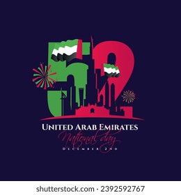 52 National Day of United Arab Emirates, silhouette of the city of Dubai with the UAE flag on the background of numbers 52. vector illustration of happy national day UAE, December 2, 1971