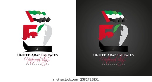 52 National Day of United Arab Emirates, silhouette of the city of Dubai with the UAE flag on the background of numbers 52. vector illustration of happy national day UAE 2023 , December 2, 1971