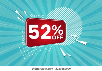 52% off. Blue banner with 95 percent discount on a red balloon for mega big sales.  