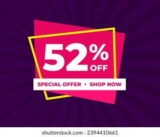 52% off, fifty two percent, special offer, shop now. Background Label. Purple and pink. Discount special offer. Banner with offer emblem. Modern concept design. Vector illustration.