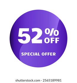 52% off. Fifty two percent off, Special Offer. Discount sale banner design template. Discount tag. Vector illustration. Purple Design.