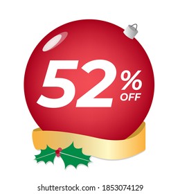 52% off. Fifty-one percent discount. Christmas sale banner. Red bauble, ornament on a white background vector.