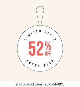 52% OFF flat design of label. Super Sale fifty two percent off. Sticker illustration limited offer. Vector illustration.