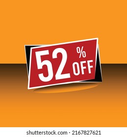 52% off, marketing,sale, deal, banner with orange to yellow background with gradient. White writing on red balloon.