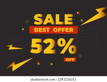 52% off sale best offer. Sale banner with fifty two percent of discount, coupon or voucher vector illustration. Yellow and red template for campaign or promotion.