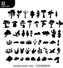 52 Plant and Trees Silhouette with white background palm, baobab, bush, and grass