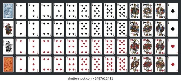 52 playing cards with jokers. Poker set with isolated cards. Poker playing cards, full deck.