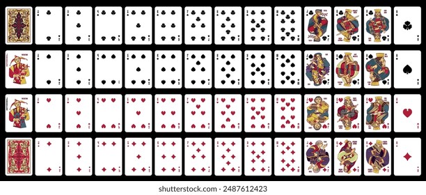 52 playing cards with jokers. Poker set with isolated cards. Poker playing cards, full deck.