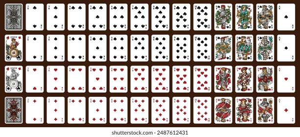 52 playing cards with jokers. Poker set with isolated cards. Poker playing cards, full deck.