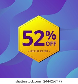 52% Sale and Discount Label. Fifty two percent Sale Discount label Geometric design. Abstract Blue and Yellow Hexagon. Vector illustration.