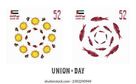 52 Día Nacional de los EAU. Árabe traducido: Día de la Unión de los Emiratos Árabes Unidos. Ilustración de tarjeta de felicitación. Vector eps 10.