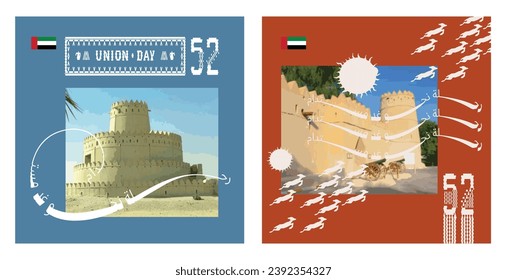 52 UAE National Day. Translated Arabic: Union Day of United Arab Emirates. Greeting Card Illustration. Vector eps 10.