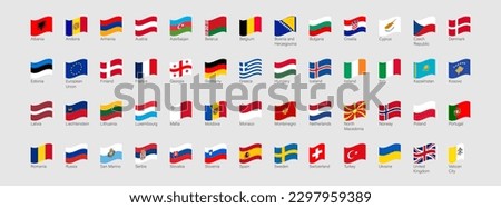 52 waving flags of European countries. Europe flag icon set. Flat element design. Vector isolated illustration