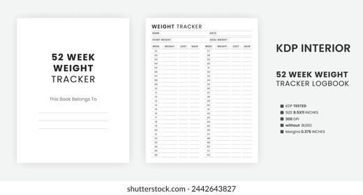 52 Week Weight Tracker Logbook Template Printable | Weight Loss Journal Letter Size