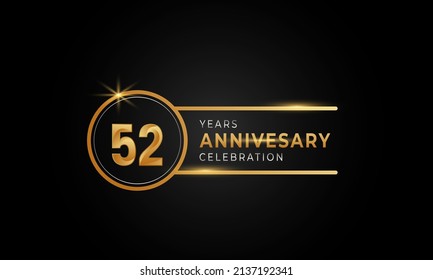 52 Year Anniversary Celebration Golden and Silver Color with Circle Ring for Celebration Event, Wedding, Greeting card, and Invitation Isolated on Black Background