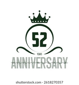 52 Year Anniversary celebration template design, with shiny ring and gold ribbon, laurel wreath isolated on black background, logo vector