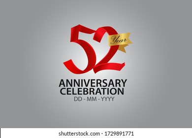 52 Year Anniversary Red Color Ribbon style with Golden Ribbon Color on Grey Background - Vector