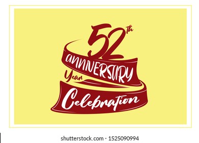 52 year anniversary Red Ribbon, minimalist logo, greeting card. Birthday invitation. 52 year sign. Red space vector illustration on yellow background - Vector