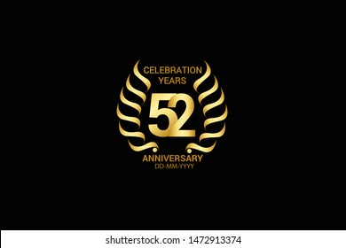 52 year minimalist logo years, jubilee, greeting card. Birthday invitation. Sign wings Line Gold space vector illustration on black background - Vector