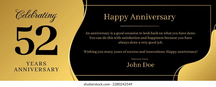 52 years anniversary, a banner speech anniversary template with a gold background combination of black and text that can be replaced