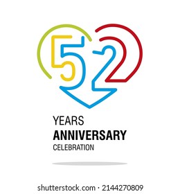 52 years anniversary celebration decoration colorful number bounded by a loving heart modern love line design logo icon white background