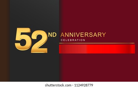 52 years anniversary celebration logotype golden color with red ribbon elegant design for anniversary celebration, invitation card, and greeting card.
