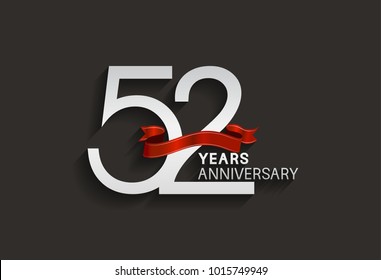 52 years anniversary design with silver color and red ribbon isolated on black background for celebration event