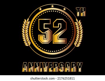 52 years anniversary. Gold vector with rings for 52 years anniversary celebration on black background.