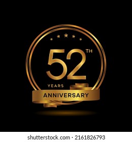 52 years anniversary logo with gold color and ribbon for booklet, leaflet, magazine, brochure poster, banner, web, invitation or greeting card. Vector illustrations.
