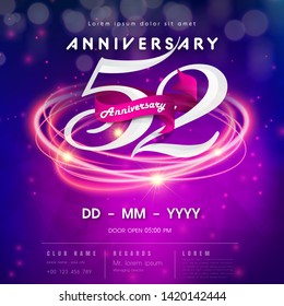 52 years anniversary logo template on purple Abstract futuristic space background. 52nd modern technology design celebrating numbers with Hi-tech network digital technology concept design elements.