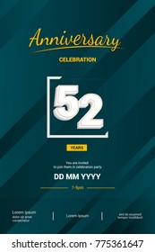 52 Years Anniversary Logotype with 3d white number isolated on green abstract background