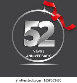 52 years anniversary logotype design with red ribbon, Vector template for celebration company event, greeting card, and invitation card