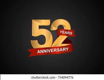 52 years anniversary logotype with elegance gold color and warp red ribbon